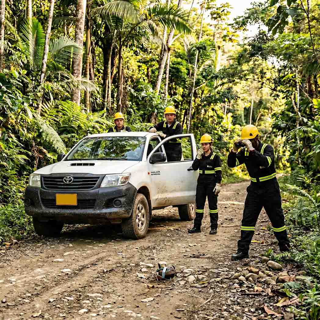 Inspección de seguridad en terreno rural por equipo técnico con elementos de protección en zona de riesgo público