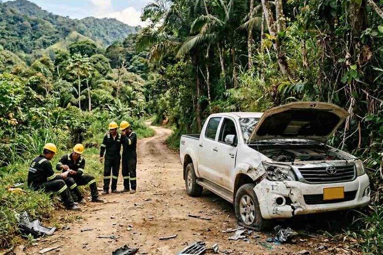Accidente vehicular en zona rural evaluado por equipo de seguridad laboral en ambiente de riesgo público