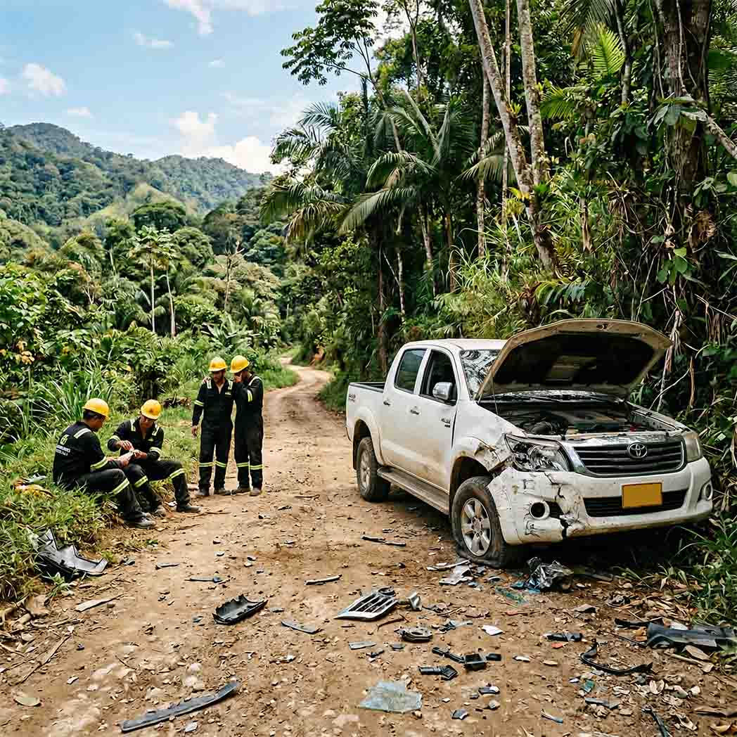 Accidente vehicular en zona rural evaluado por equipo de seguridad laboral en ambiente de riesgo público