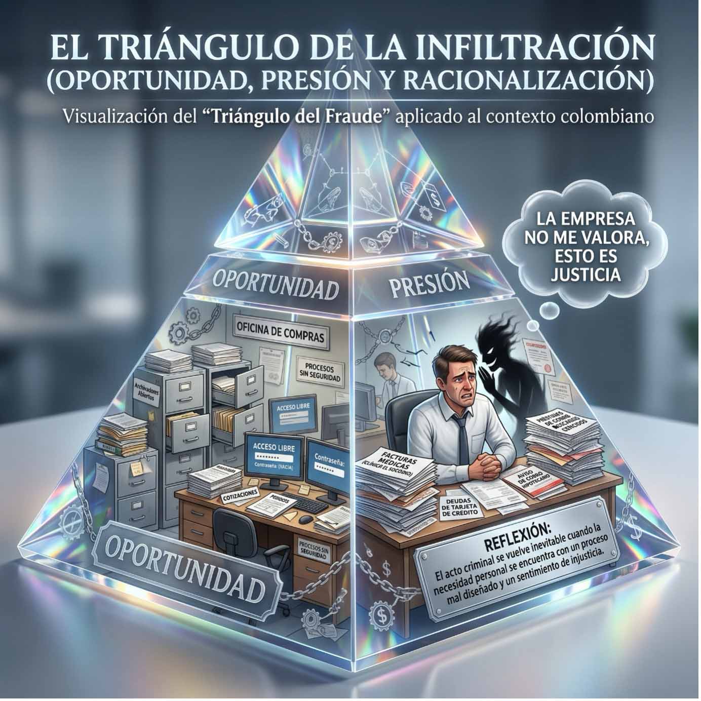 Infografía: El triángulo de la infiltración. Oportunidad, presión y racionalización aplicados al contexto colombiano. Visualización del Triángulo del Fraude.