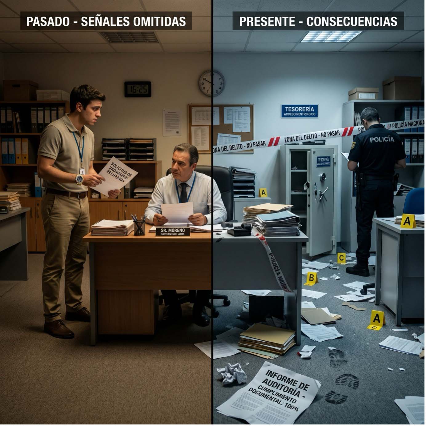 Imagen: sala de control con pantallas de mapas de rutas, inventario, pedidos de compra, logística y contactos de proveedores. Llave maestra con etiqueta 'Violarlo todo, vigilancia cero'.