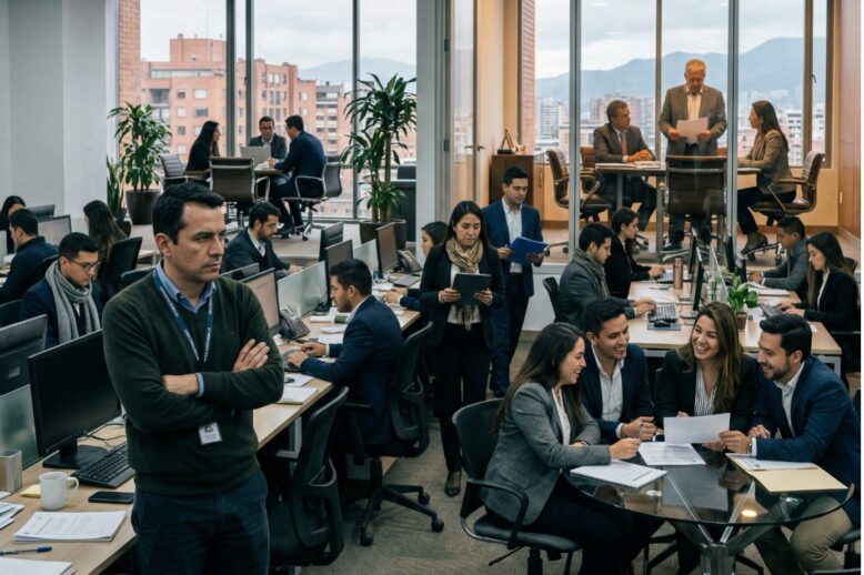 Equipo de trabajo en oficina corporativa reflejando el clima laboral y su impacto en el riesgo público interno en las organizaciones