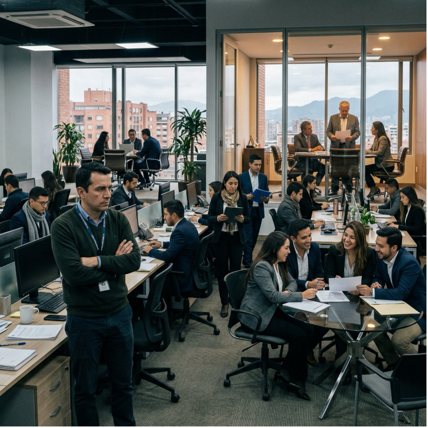 Equipo de trabajo en oficina corporativa reflejando el clima laboral y su impacto en el riesgo público interno en las organizaciones