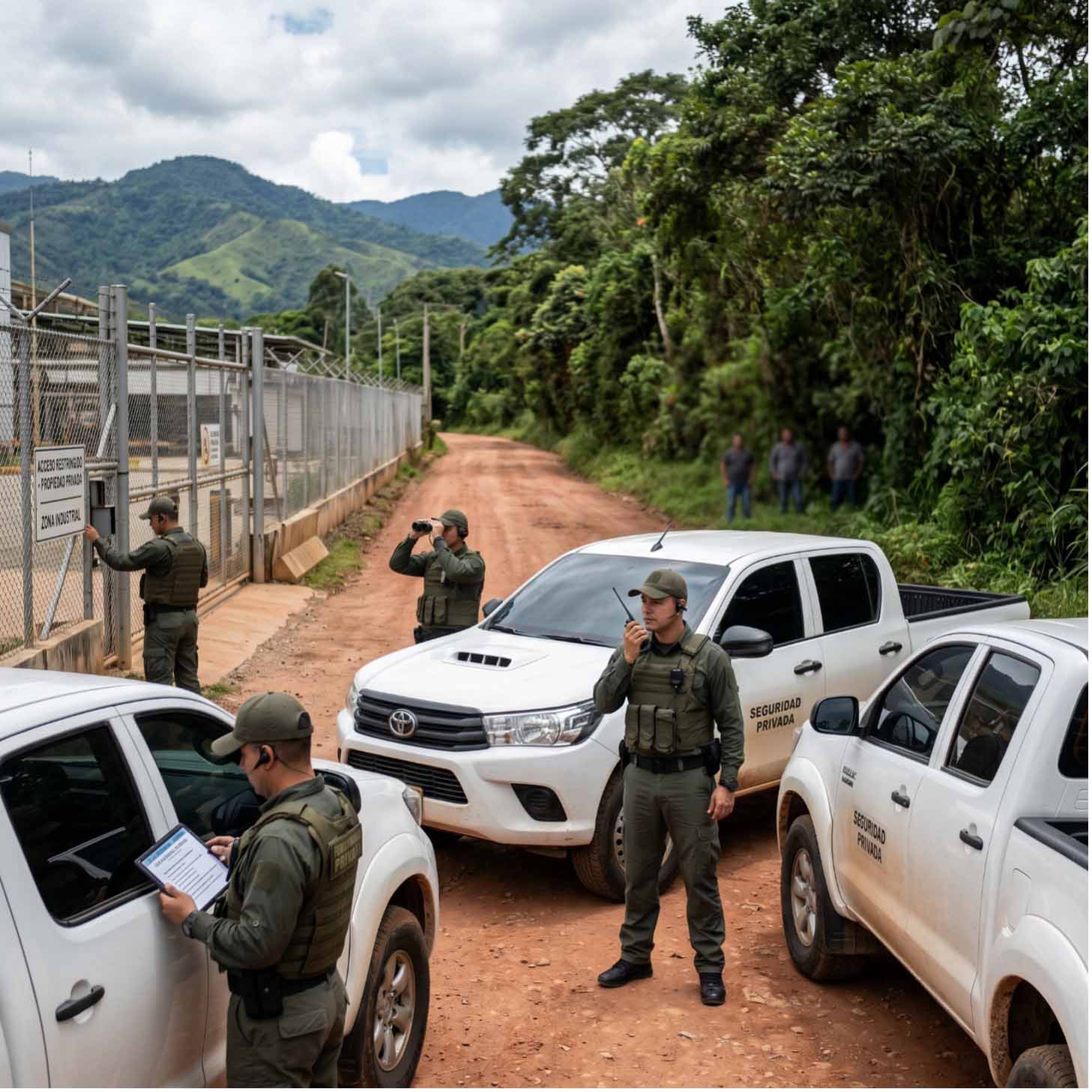  Imagen: equipo de seguridad privada en punto de control rural — observación de personas en el entorno