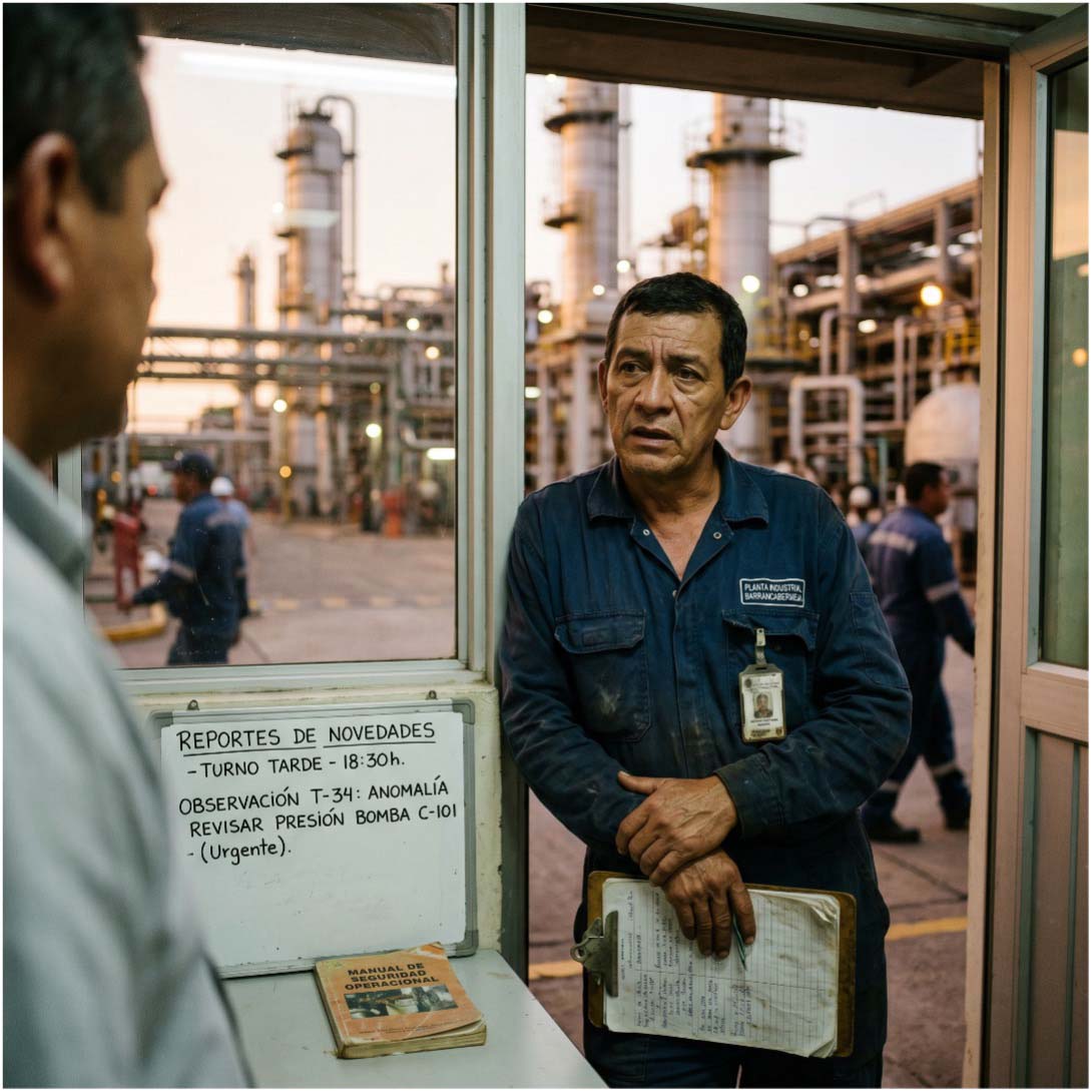  Imagen: trabajador de planta industrial revisando bitácora de reportes de novedades — observación T-34: anomalía