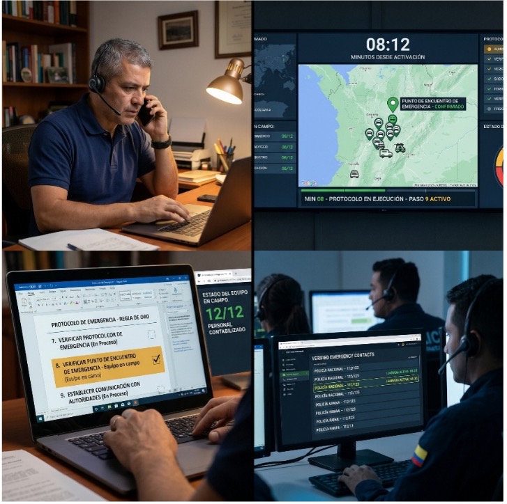 Imagen: directivo en videollamada nocturna revisando mapa de puntos de encuentro de emergencia y protocolo de ejecución