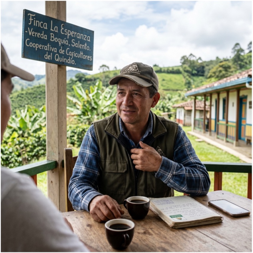  Imagen: persona en finca rural del Quindío conversando antes de iniciar jornada — preparación individual de campo