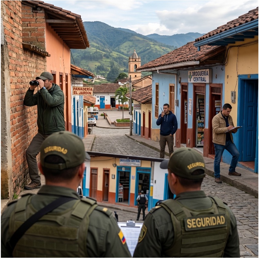 Imagen: agentes de seguridad observando pueblo colombiano — situación de orden público