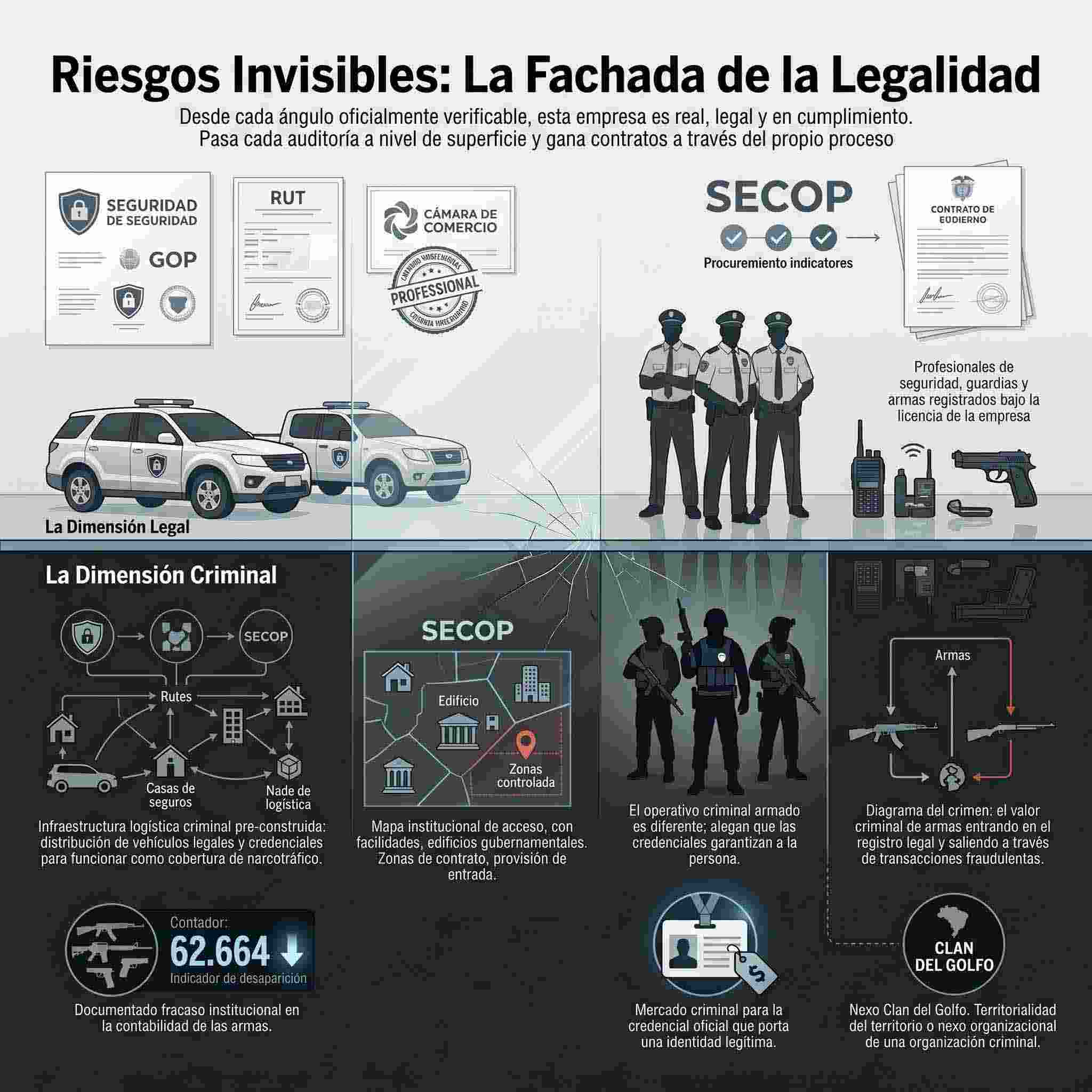 Infografía: riesgos invisibles, la fachada de la legalidad — dimensión legal frente a dimensión criminal
