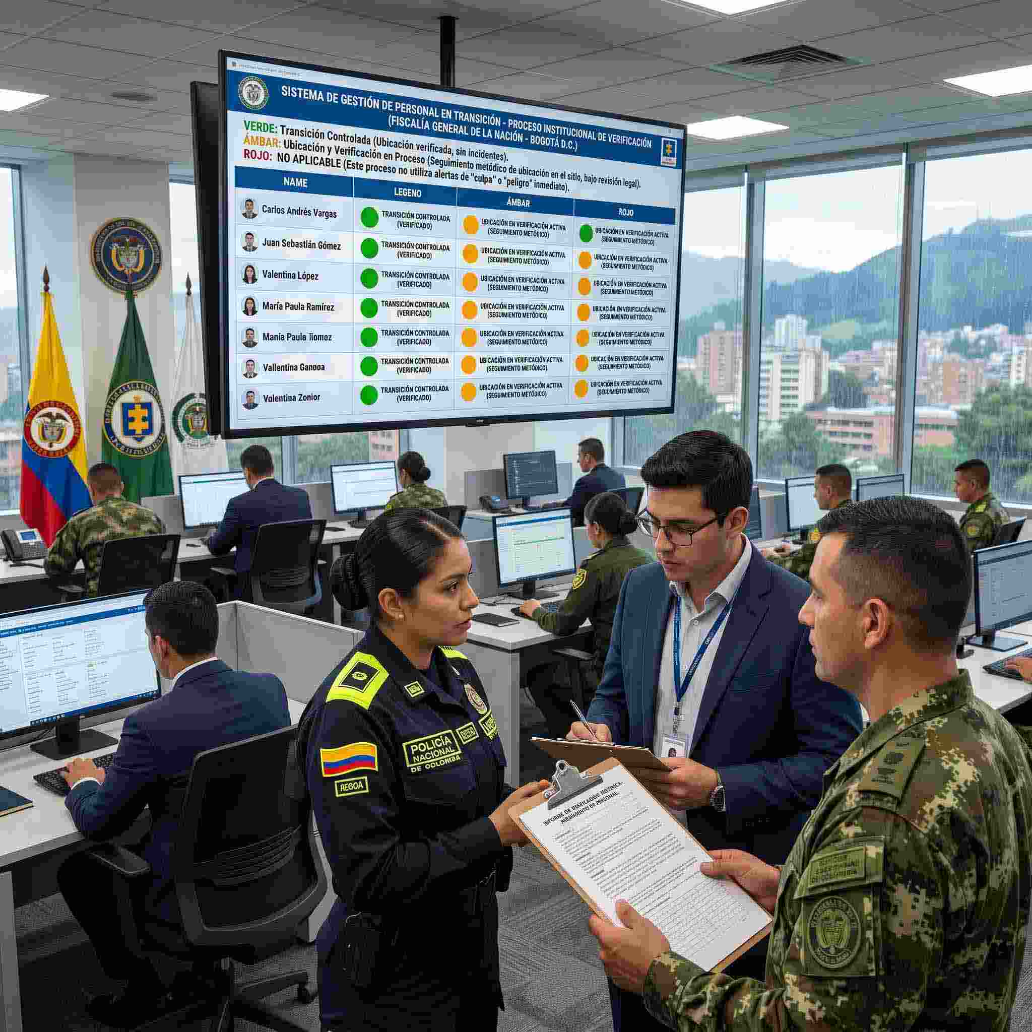 Sistema de verificación institucional con personal de Policía, Ejército y funcionarios revisando el soporte legal de proveedores de seguridad