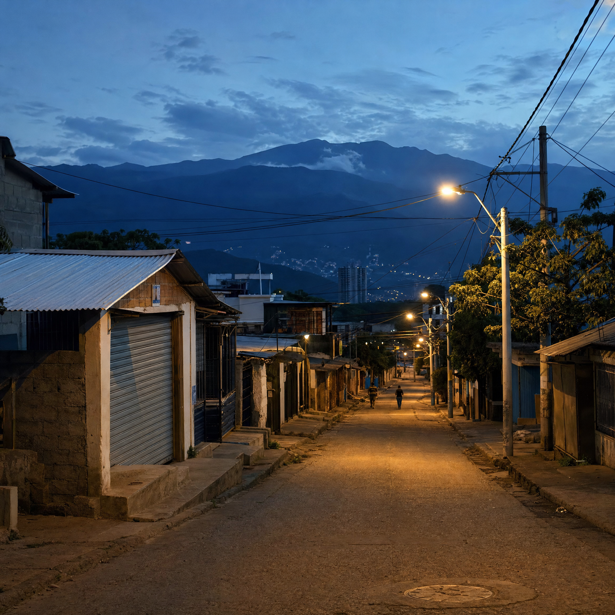 El Caribe colombiano: calle de barrio al anochecer con la Sierra Nevada de Santa Marta al fondo