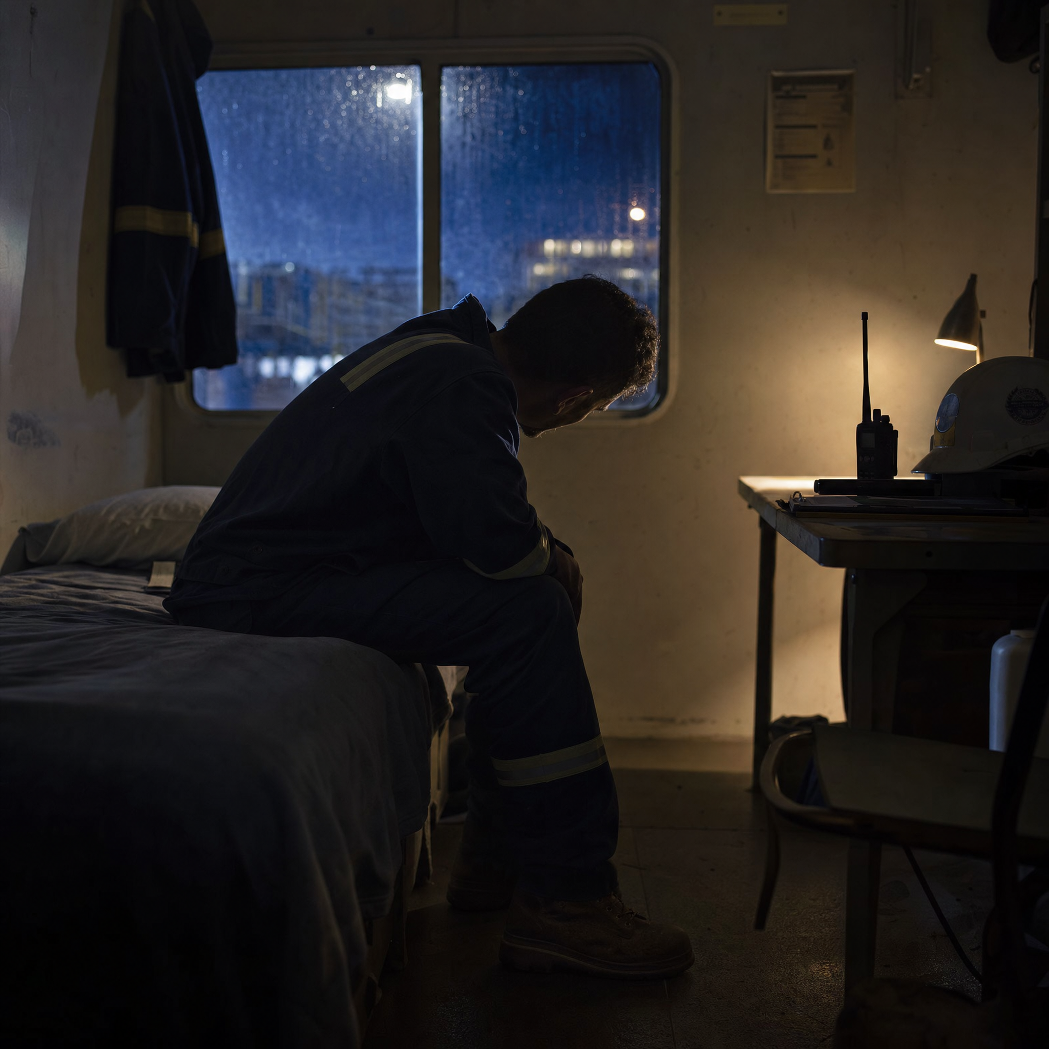 El costo psicológico: trabajador sentado solo en la habitación del campamento, con la cabeza baja
