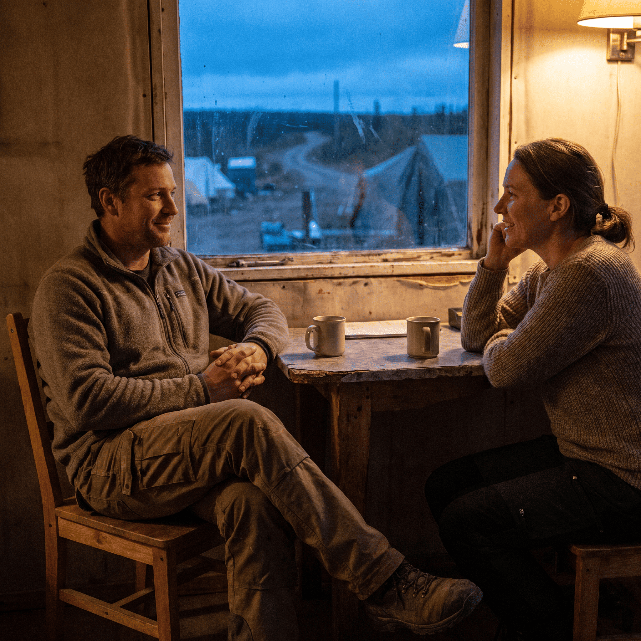 Conversación de apoyo psicológico entre un trabajador de campo y una profesional junto a la ventana del campamento