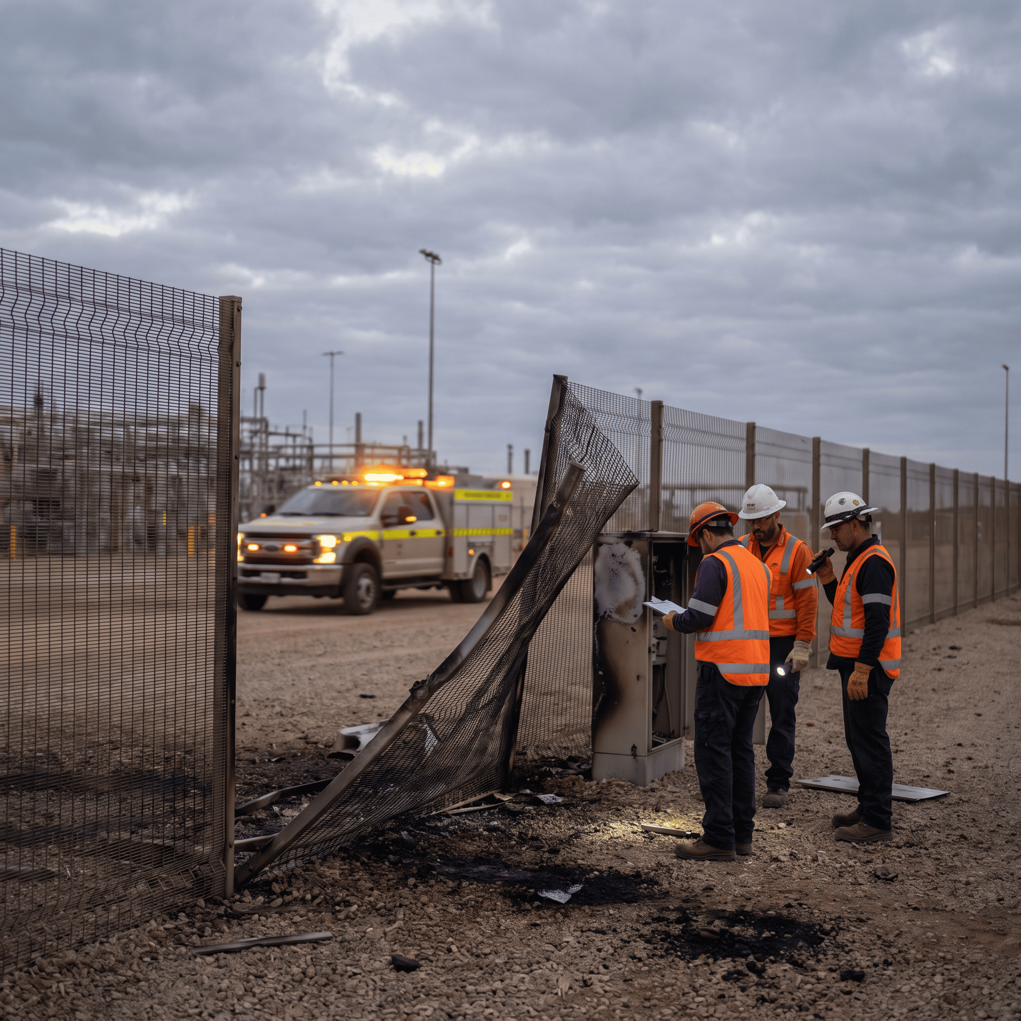 Ataque a la infraestructura: cerca perimetral destruida y trabajadores evaluando los daños junto a un vehículo de emergencia