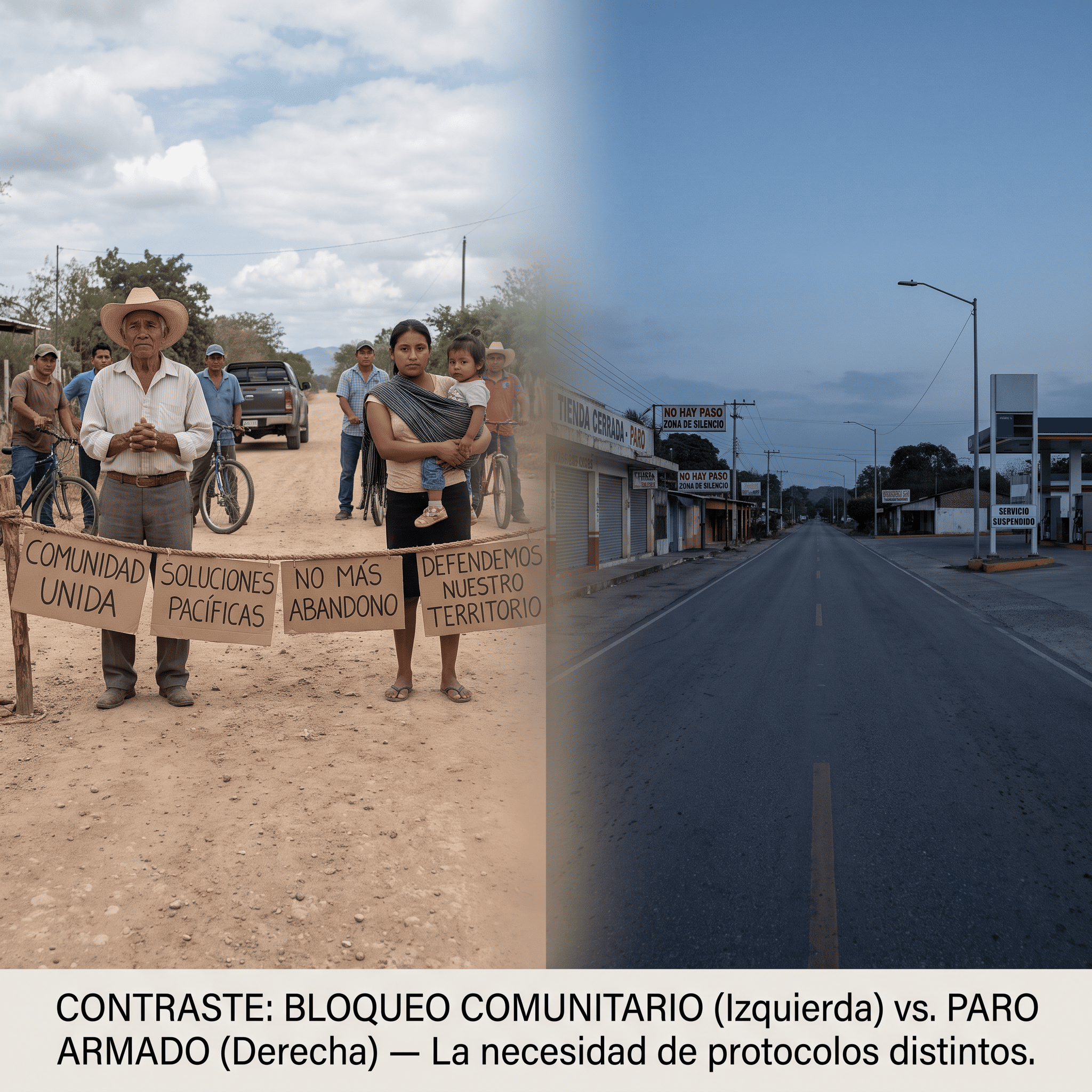 Contraste entre un bloqueo comunitario con pancartas y una vía desierta por paro armado