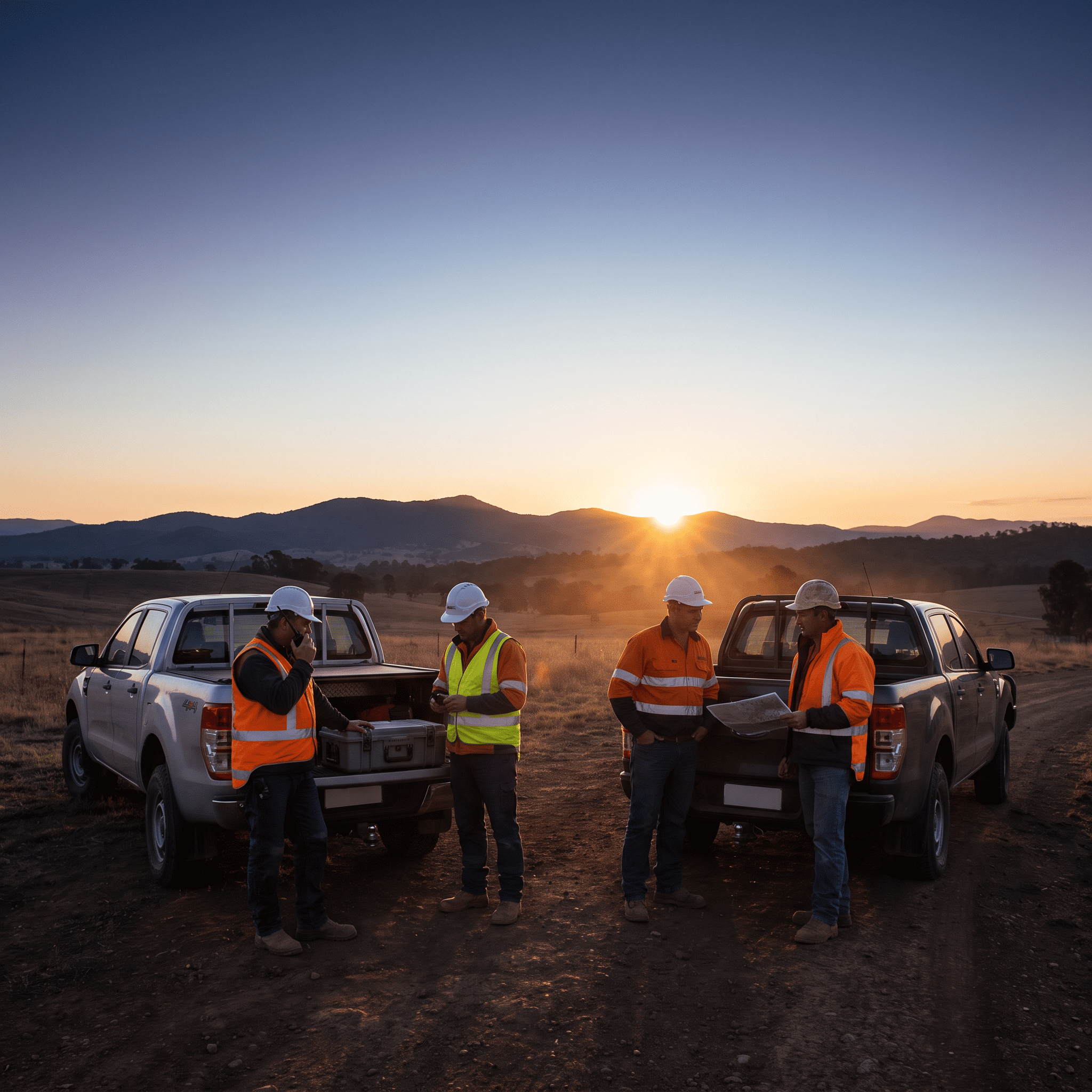 El equipo que sale preparado: trabajadores de campo reunidos junto a sus camionetas al amanecer