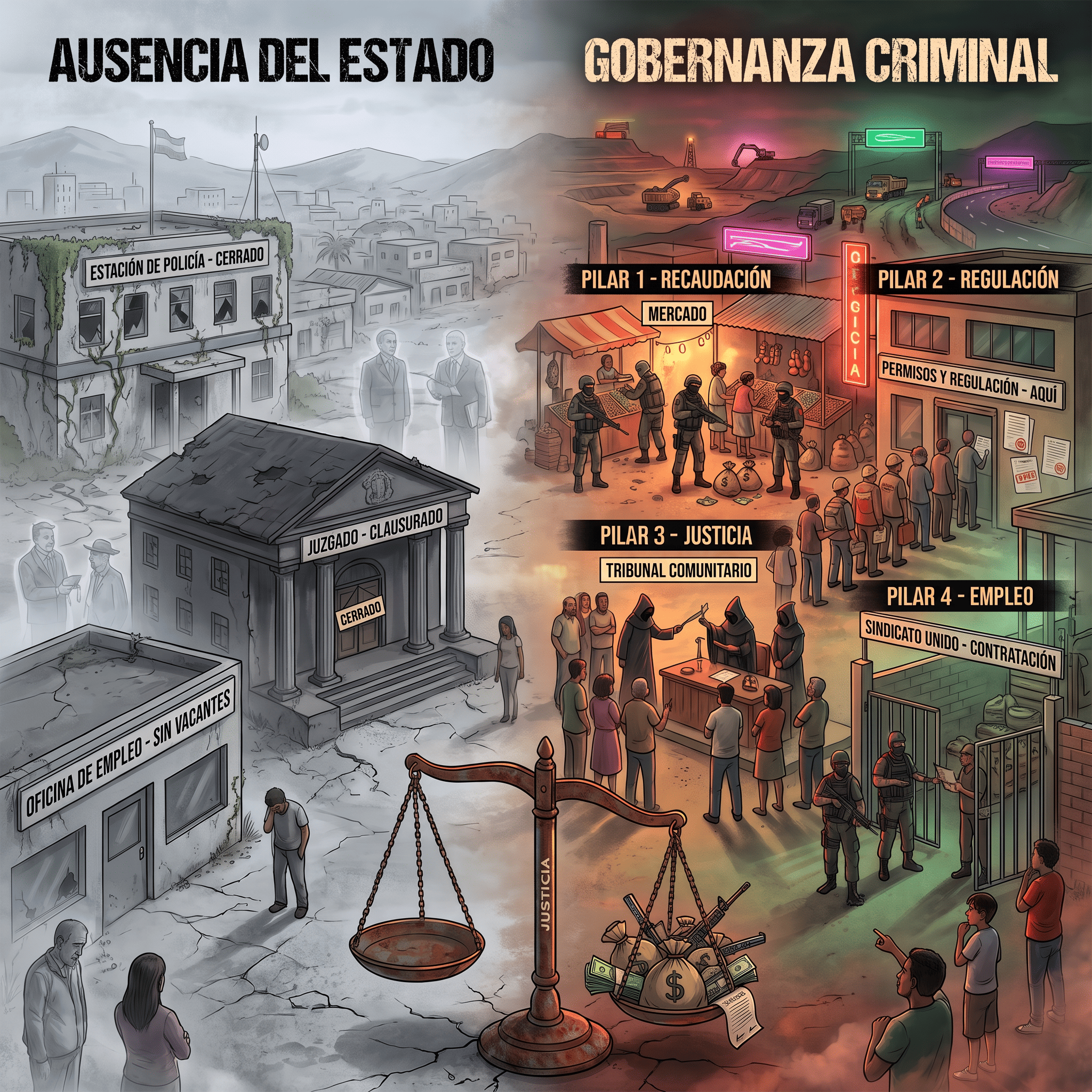 Ausencia del Estado frente a gobernanza criminal: los cuatro pilares de recaudación, regulación, justicia y empleo