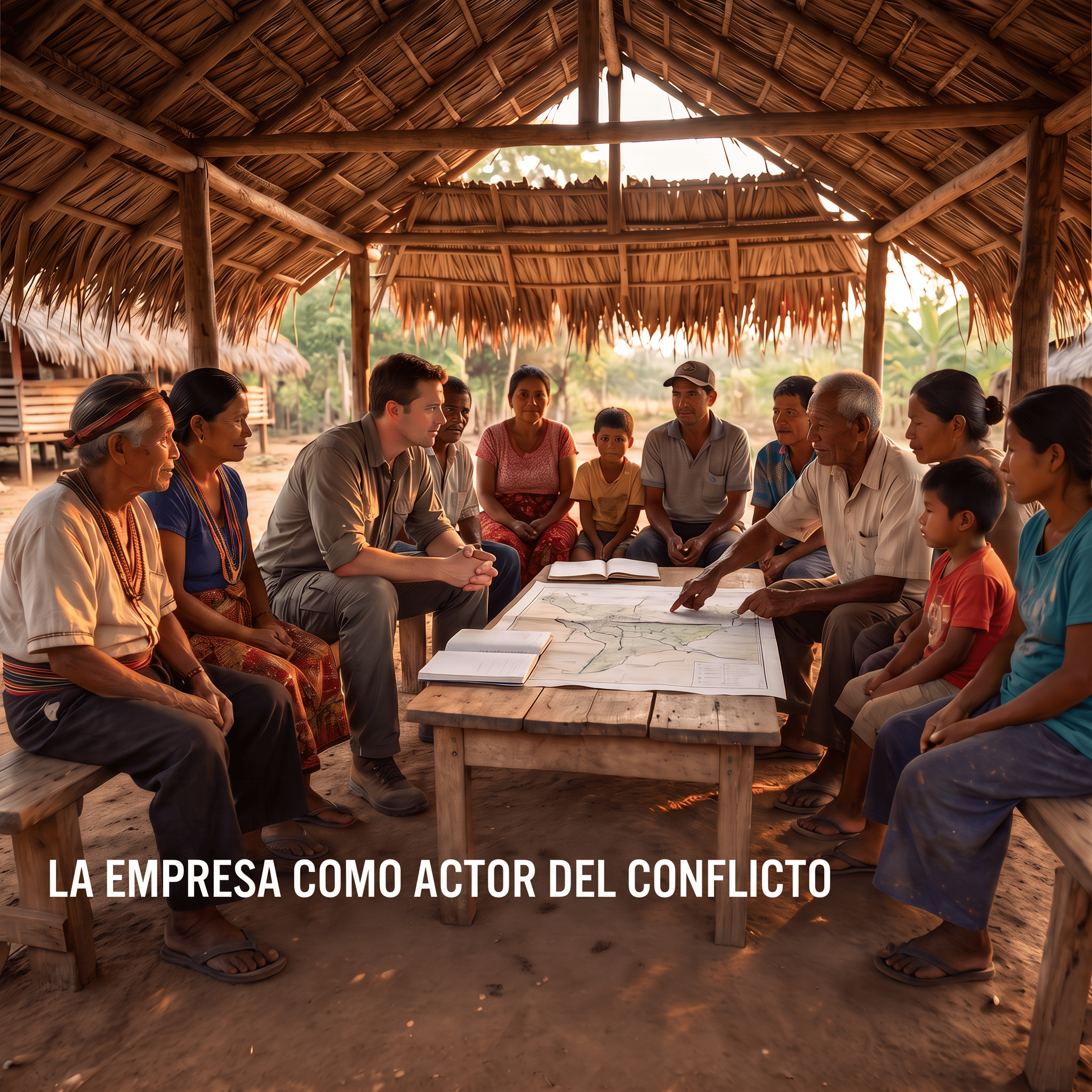 La empresa como actor del conflicto: reunión con la comunidad bajo una enramada