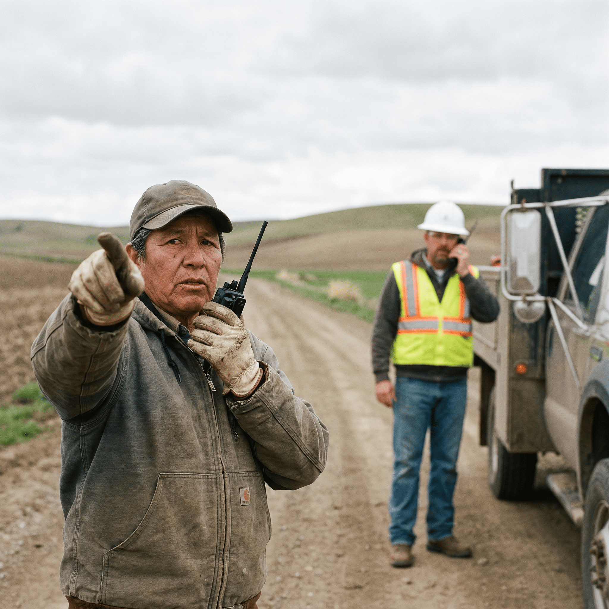 La visibilidad del riesgo: trabajador de campo con radio señalando algo inusual en la vía mientras un supervisor observa