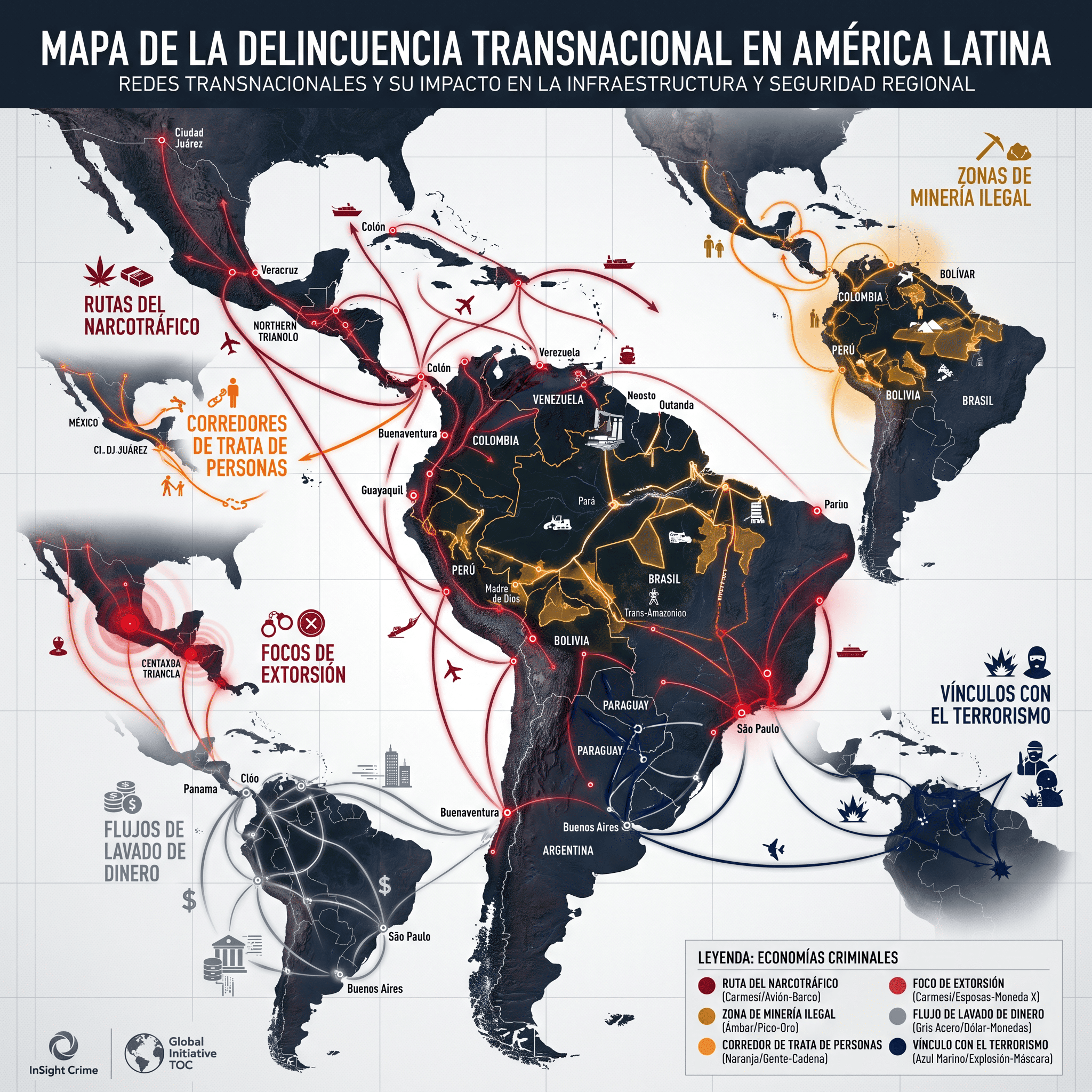 Mapa de la delincuencia transnacional en América Latina: rutas del narcotráfico, zonas de minería ilegal, corredores de trata, focos de extorsión, flujos de lavado y vínculos con el terrorismo